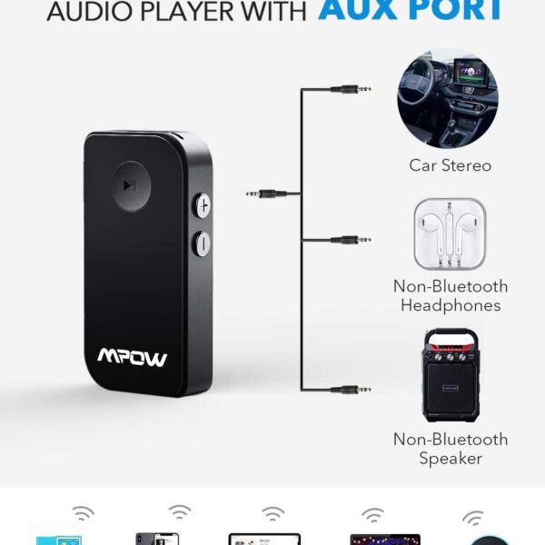 Second image of Mpow Bluetooth 5.0 Receiver, Car Bluetooth receiver 3.5mm Aux Bluetooth Receiver for Car/Home Music Streaming Sound System
