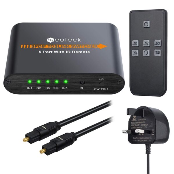 Toslink Switcher 5 Ports 5x1 Toslink Digital Optical Audio Switcher with IR Remote Control